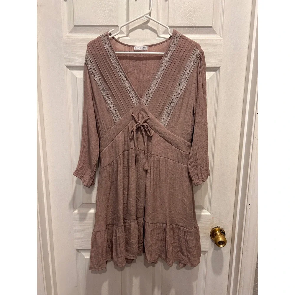 Baltic Born Amelia Dress Mauve Dusty‎ Lavender Lace Trim Mini XL Boho Ruffle Hem